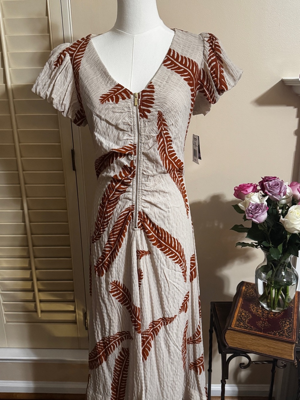 Taylor Cream Maxi Dress with Rust Leaf Print and Front Zip